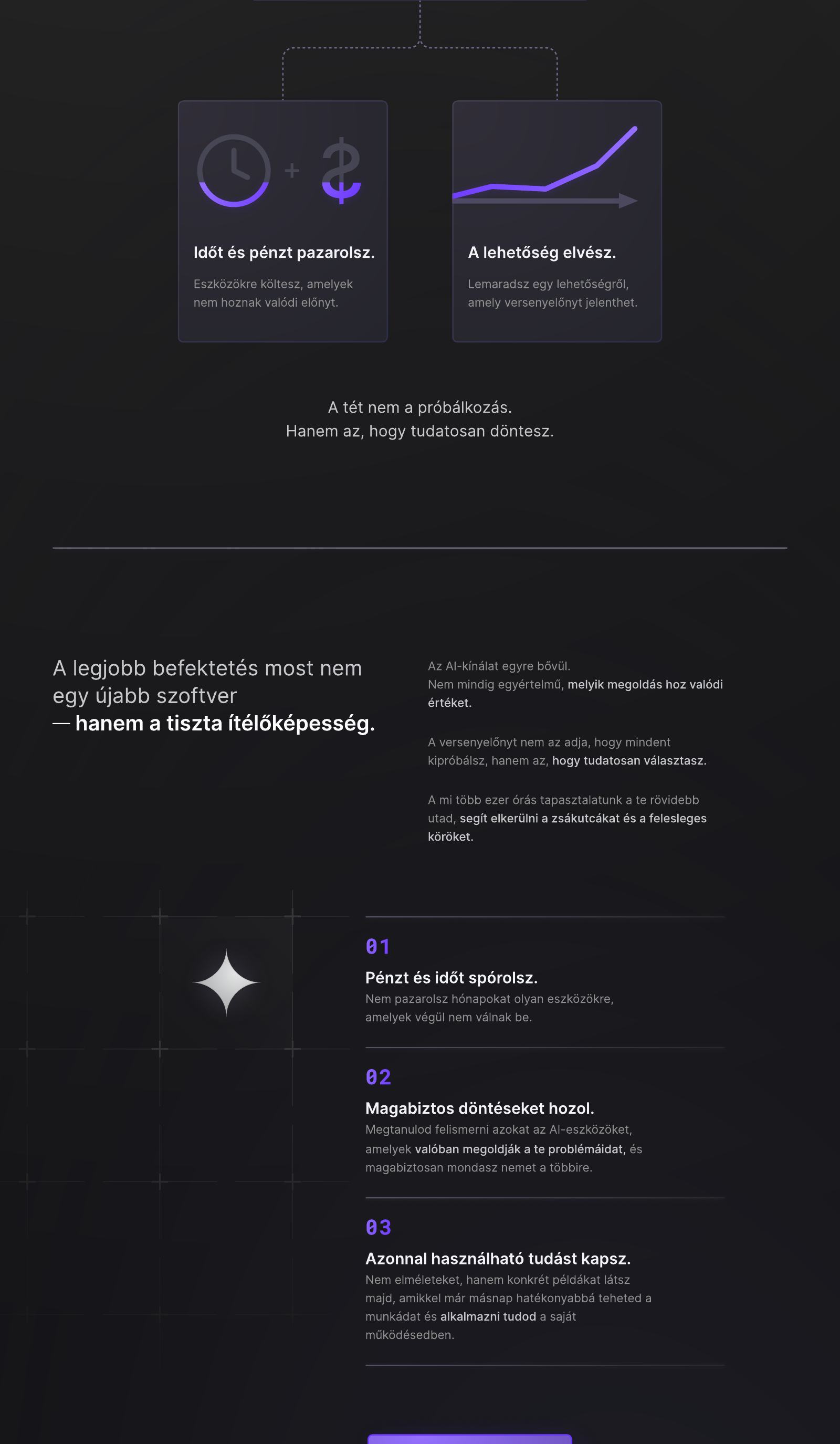 Amazing AI landing page decision framework section showing the cost of uncertainty and three decision benefits.