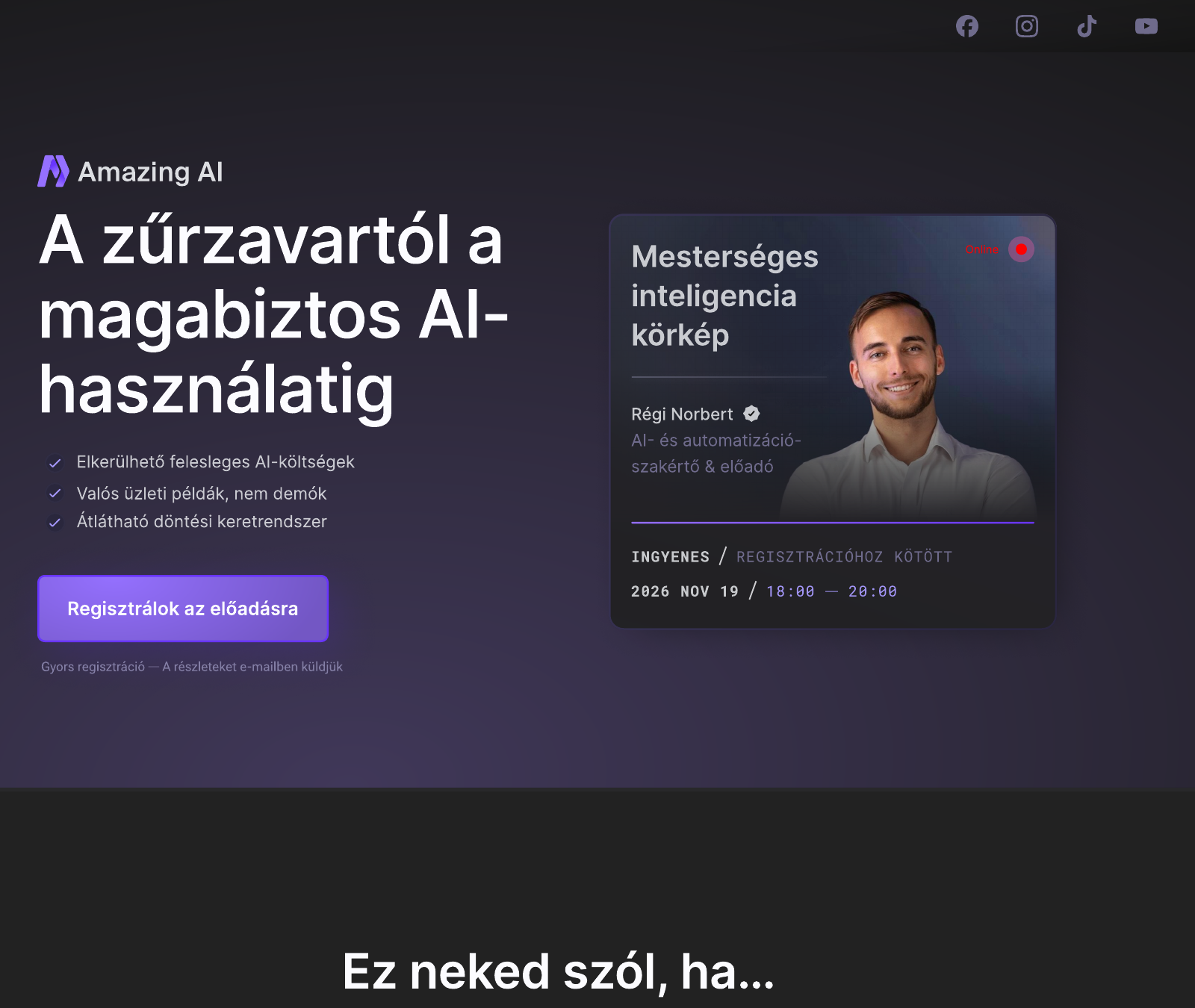 Amazing AI event landing page hero showing the event title, presenter card and registration call to action.