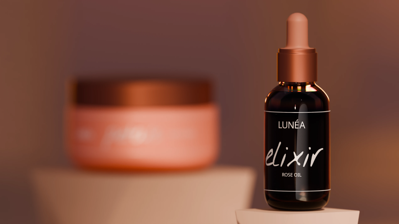 LUNÉA luxury serum bottle and jar against a warm editorial backdrop.